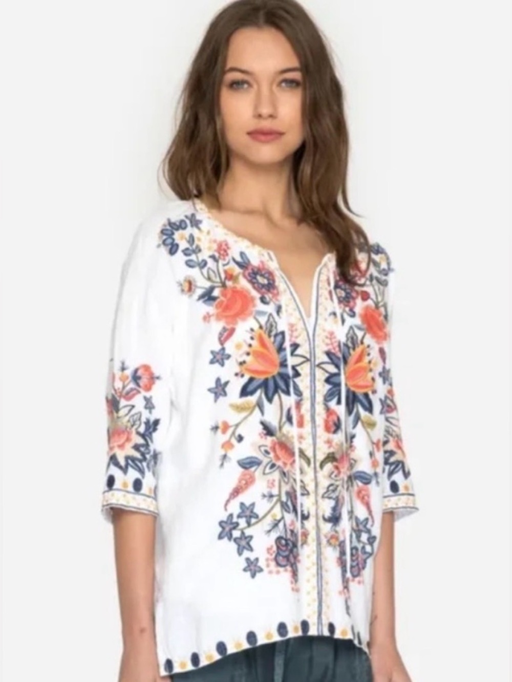 Johnny Was Sz M Blouse Tiwa Embroidered Linen Peasant White Boho